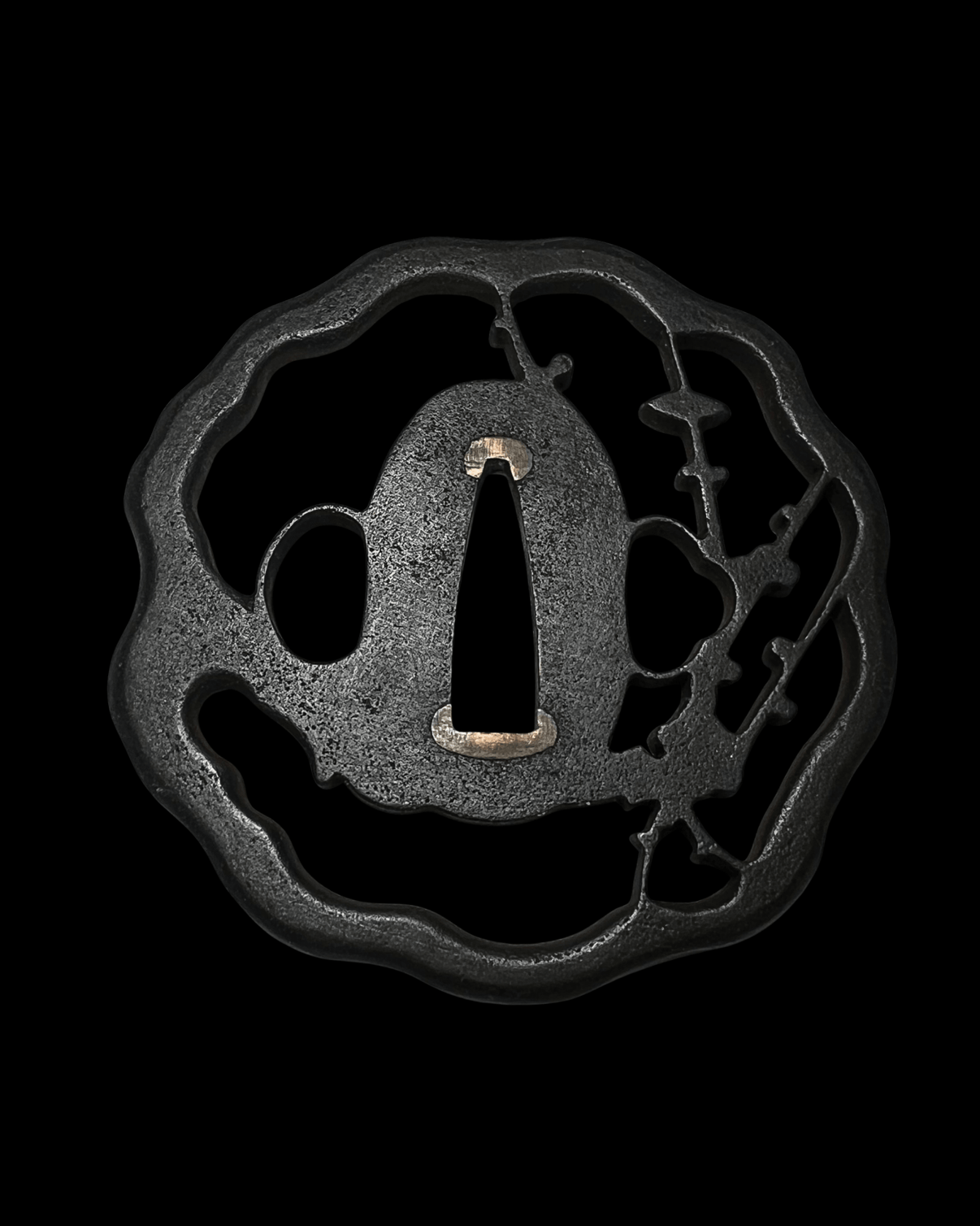 Ume ni Shukuchō Sukashi Tsuba with Sekigane 梅樹宿鳥透鐔 - SwordSmith Australia